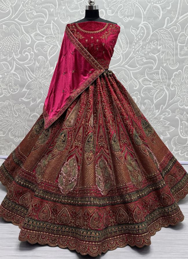 Velvet Rani Pink Bridal Wear Embroidery Work Lehenga Choli